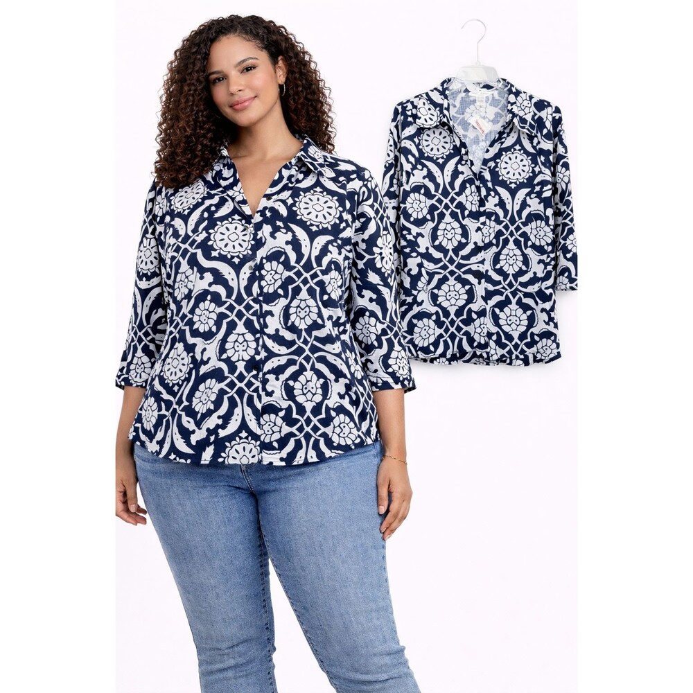 New Susan Bristol Linen Blouse Top Size 2X Navy Blue Floral 3/4 Sleeve